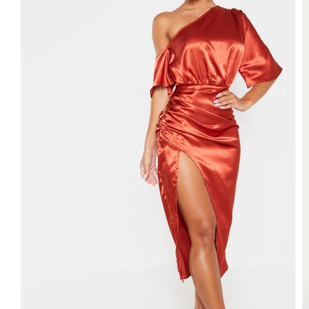 Rust Orange Satin One Shoulder MIDI Dress Size 12
